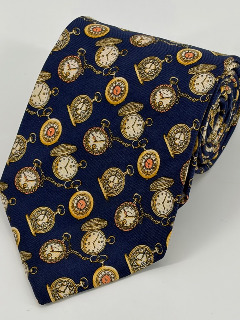 Gucci Vintage Silk Tie Navy Pocket Watch Clock Novelty Print Made in Italy